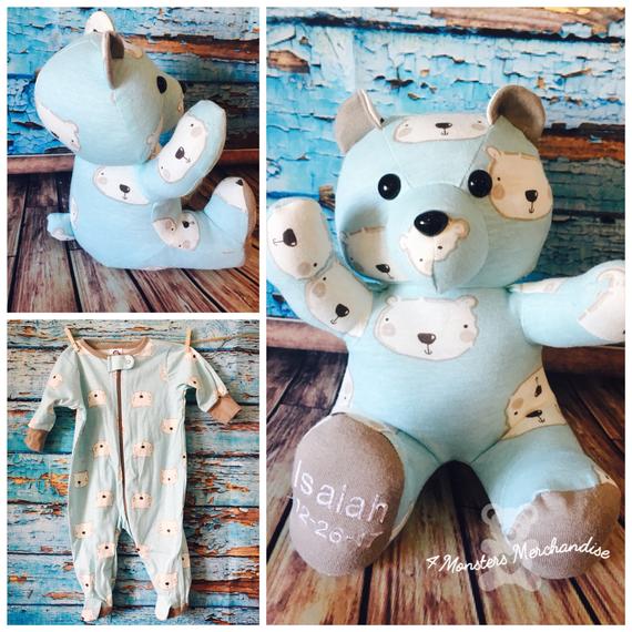 teddy bear made out of baby clothes