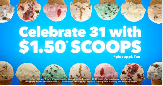 Baskin Robbins: $1.50 Ice Cream Cones on May 31