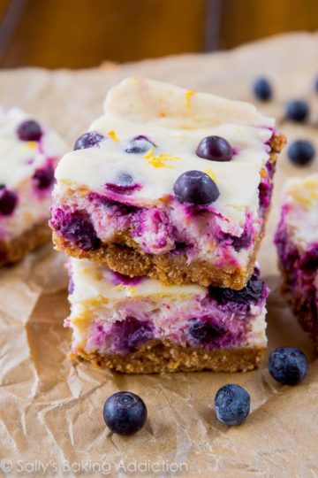 Lemon blueberry cheesecake bars look like a perfect springtime dessert