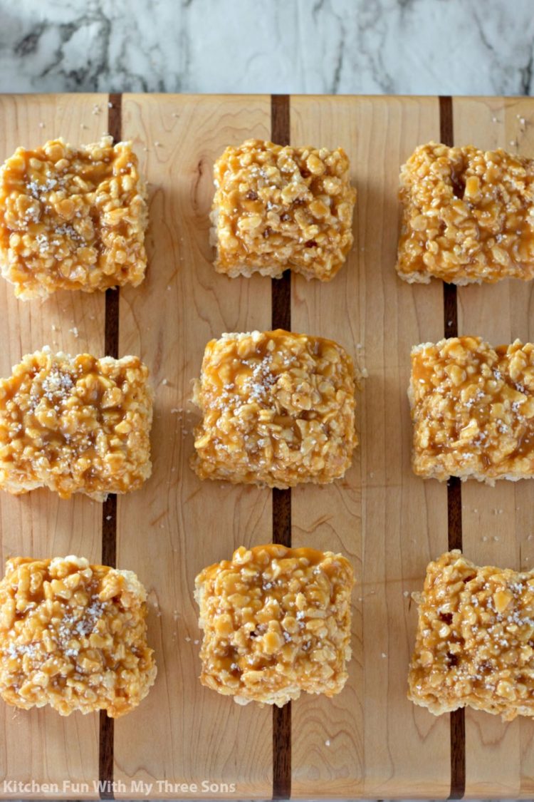 Salted caramel Rice Krispie treats are a sweet, salty twist on a classic